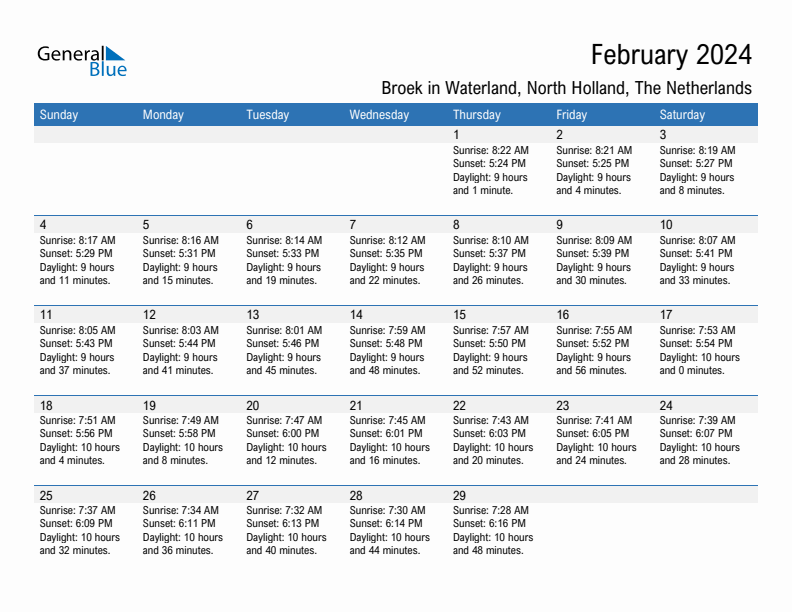 Broek in Waterland February 2024 sunrise and sunset calendar in PDF, Excel, and Word