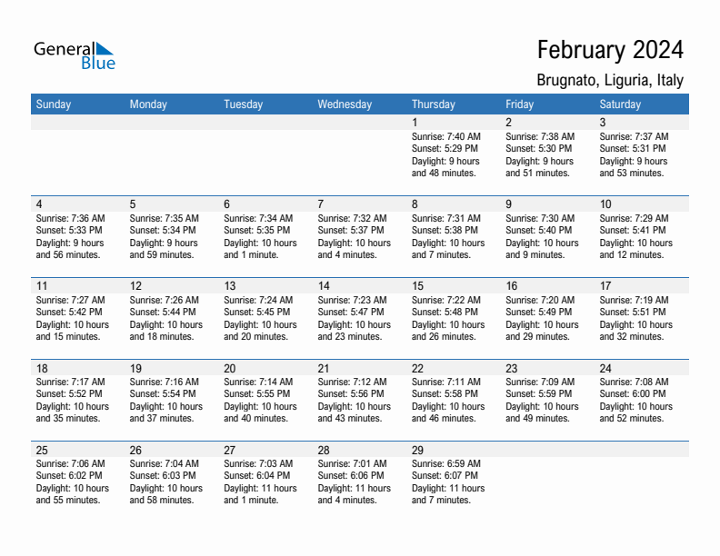 Brugnato February 2024 sunrise and sunset calendar in PDF, Excel, and Word