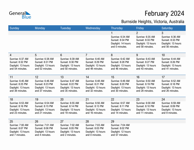 Burnside Heights February 2024 sunrise and sunset calendar in PDF, Excel, and Word