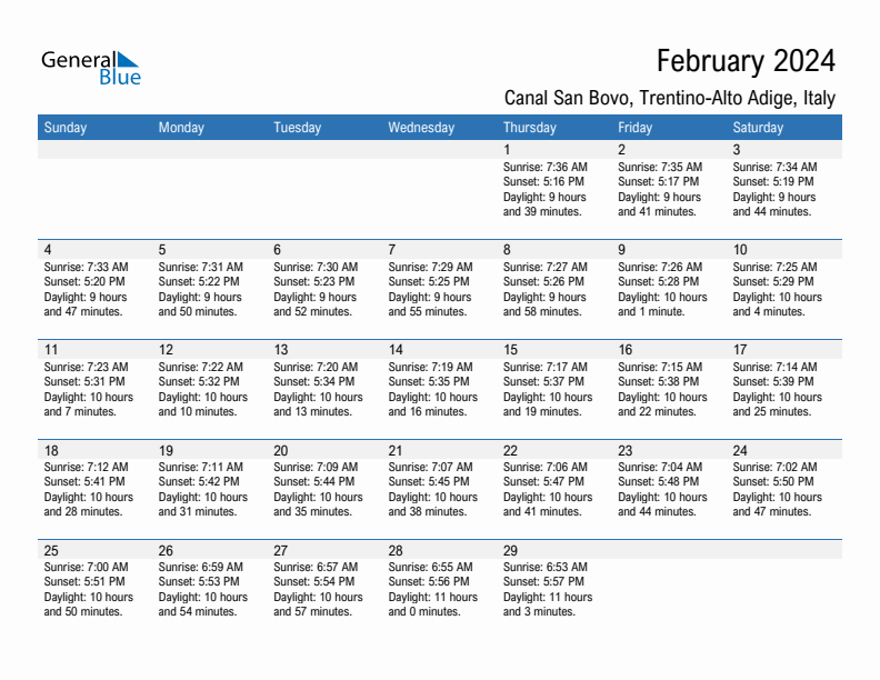 Canal San Bovo February 2024 sunrise and sunset calendar in PDF, Excel, and Word