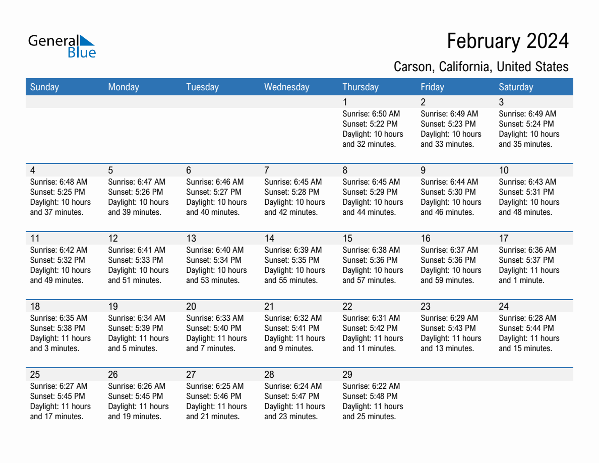 February 2024 Sunrise and Sunset Calendar for Carson (PDF, Excel, Word)