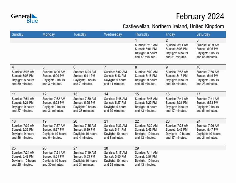 Castlewellan February 2024 sunrise and sunset calendar in PDF, Excel, and Word