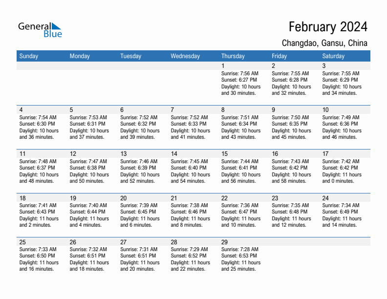 Changdao February 2024 sunrise and sunset calendar in PDF, Excel, and Word