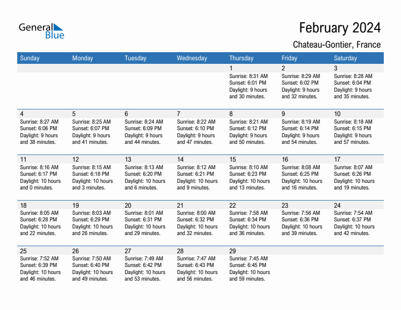 Chateau-Gontier February 2024 sunrise and sunset calendar in PDF, Excel, and Word