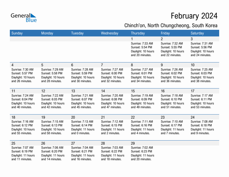 Chinch'on February 2024 sunrise and sunset calendar in PDF, Excel, and Word