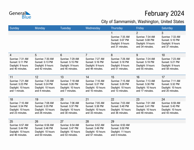 City of Sammamish February 2024 sunrise and sunset calendar in PDF, Excel, and Word
