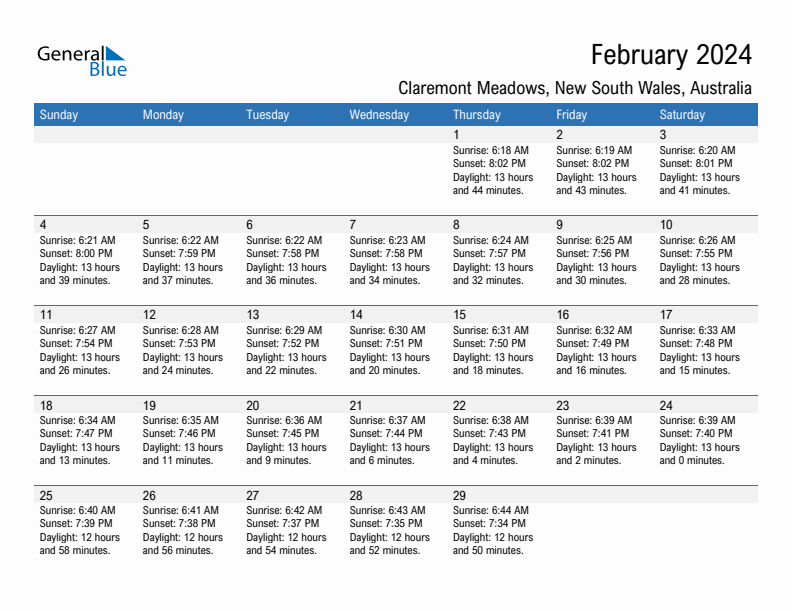 Claremont Meadows February 2024 sunrise and sunset calendar in PDF, Excel, and Word