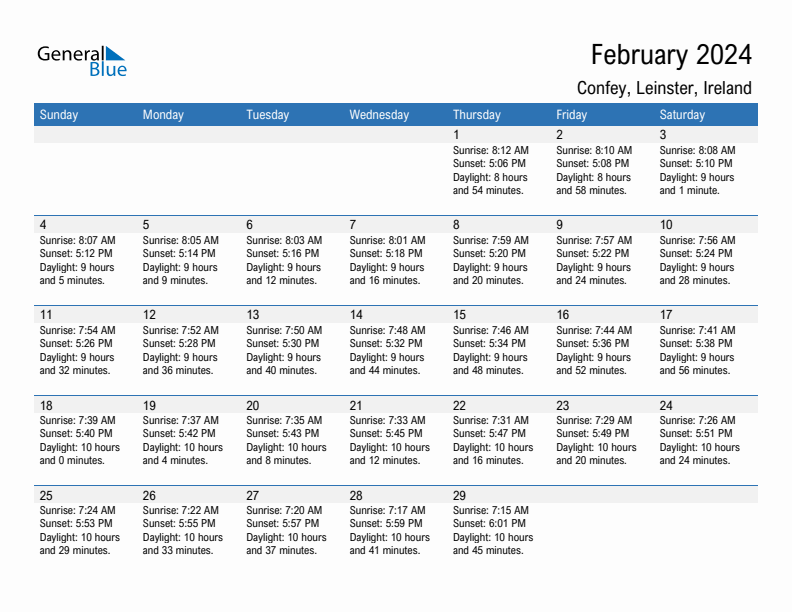 Confey February 2024 sunrise and sunset calendar in PDF, Excel, and Word