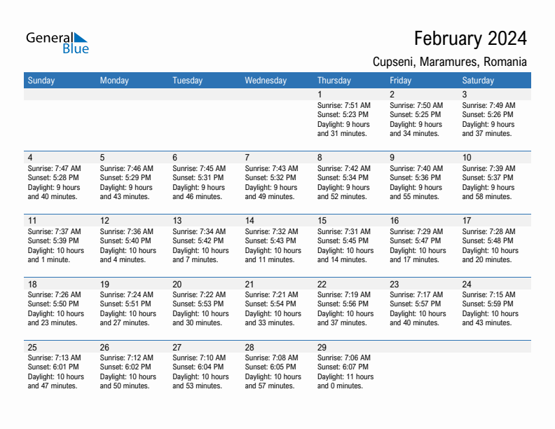 Cupseni February 2024 sunrise and sunset calendar in PDF, Excel, and Word