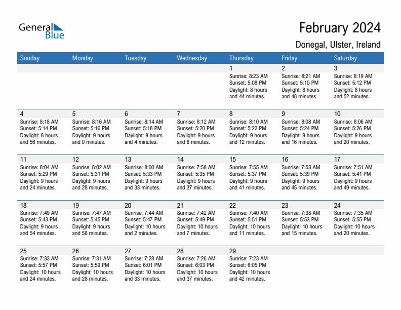 Donegal February 2024 sunrise and sunset calendar in PDF, Excel, and Word