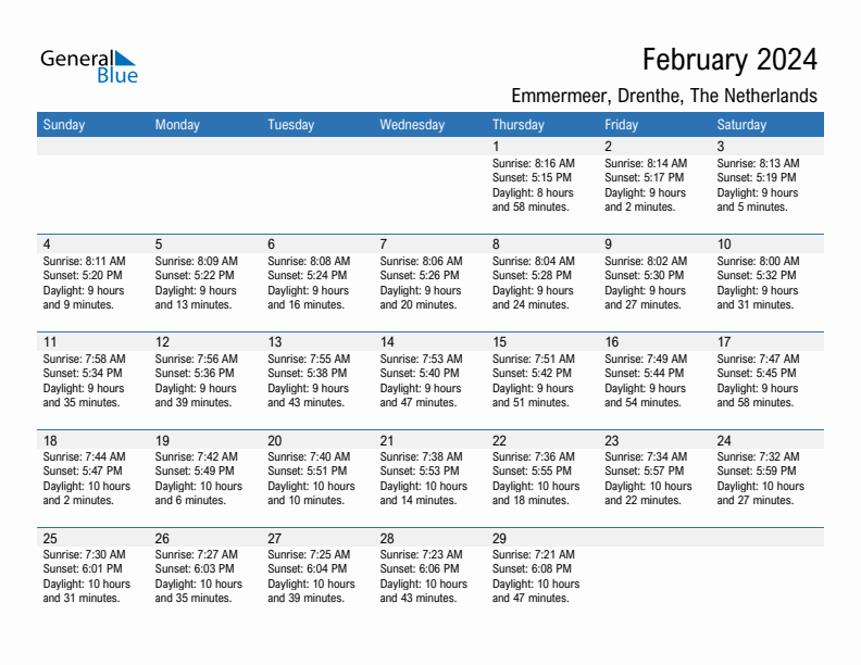 Emmermeer February 2024 sunrise and sunset calendar in PDF, Excel, and Word