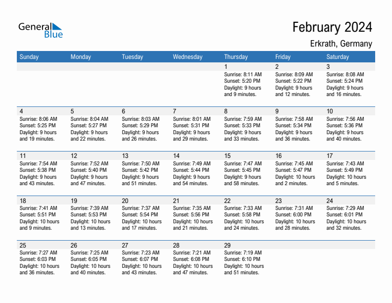February 2024 Sunrise and Sunset Calendar for Erkrath (PDF, Excel, Word)