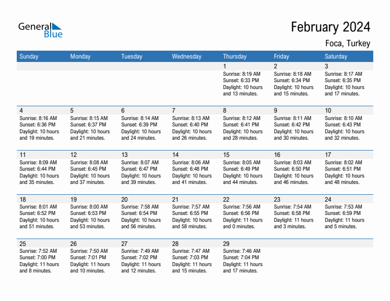 Foca February 2024 sunrise and sunset calendar in PDF, Excel, and Word