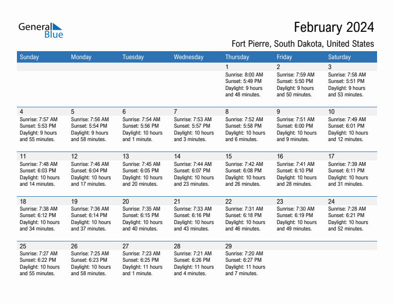 Fort Pierre February 2024 sunrise and sunset calendar in PDF, Excel, and Word