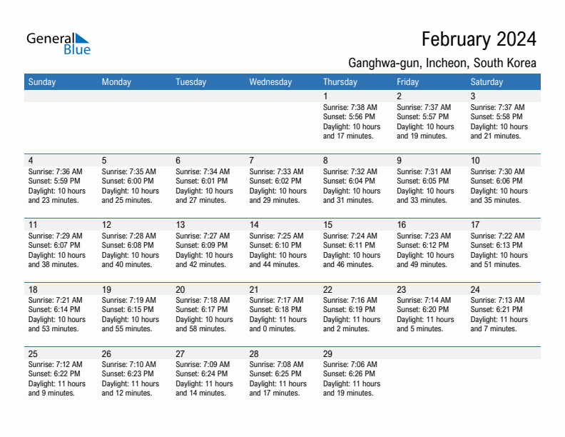 Ganghwa-gun February 2024 sunrise and sunset calendar in PDF, Excel, and Word
