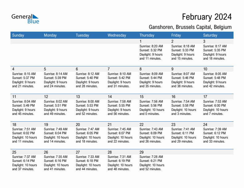 Ganshoren February 2024 sunrise and sunset calendar in PDF, Excel, and Word