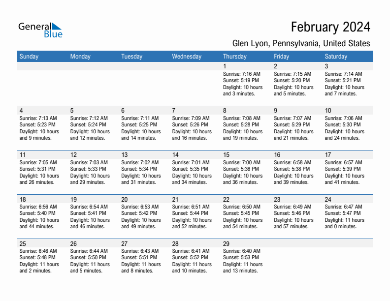 Glen Lyon February 2024 sunrise and sunset calendar in PDF, Excel, and Word