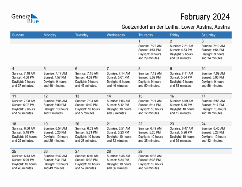 Goetzendorf an der Leitha February 2024 sunrise and sunset calendar in PDF, Excel, and Word