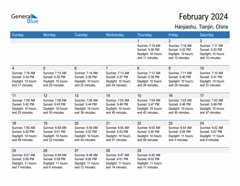 Hanjiashu February 2024 sunrise and sunset calendar in PDF, Excel, and Word
