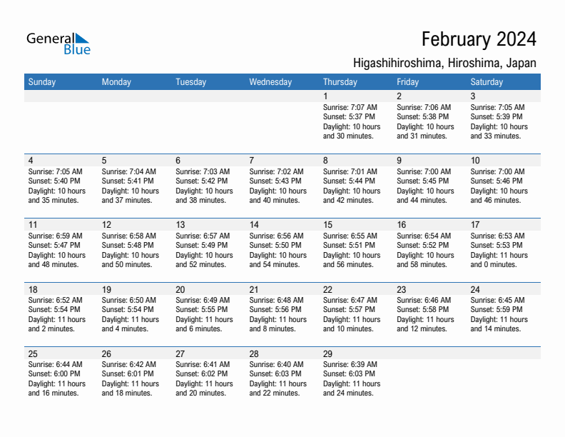 Higashihiroshima February 2024 sunrise and sunset calendar in PDF, Excel, and Word