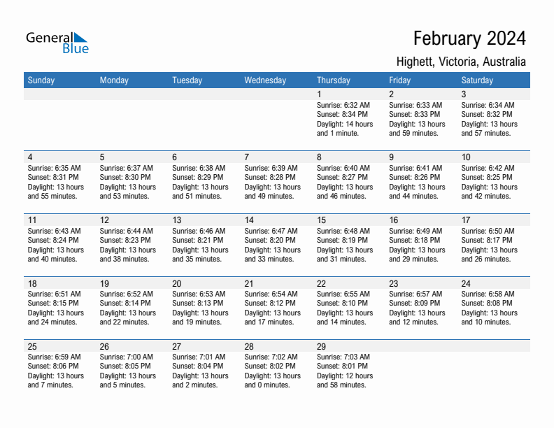 Highett February 2024 sunrise and sunset calendar in PDF, Excel, and Word