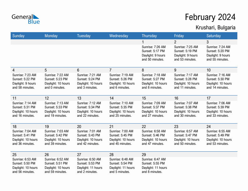 Krushari February 2024 sunrise and sunset calendar in PDF, Excel, and Word