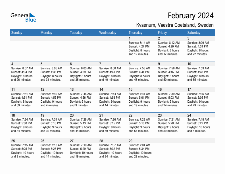 Kvaenum February 2024 sunrise and sunset calendar in PDF, Excel, and Word