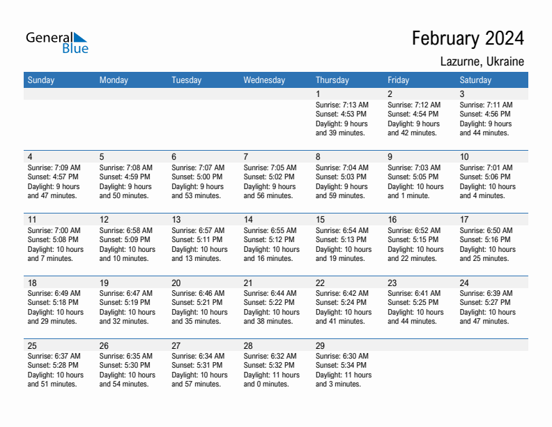 Lazurne February 2024 sunrise and sunset calendar in PDF, Excel, and Word