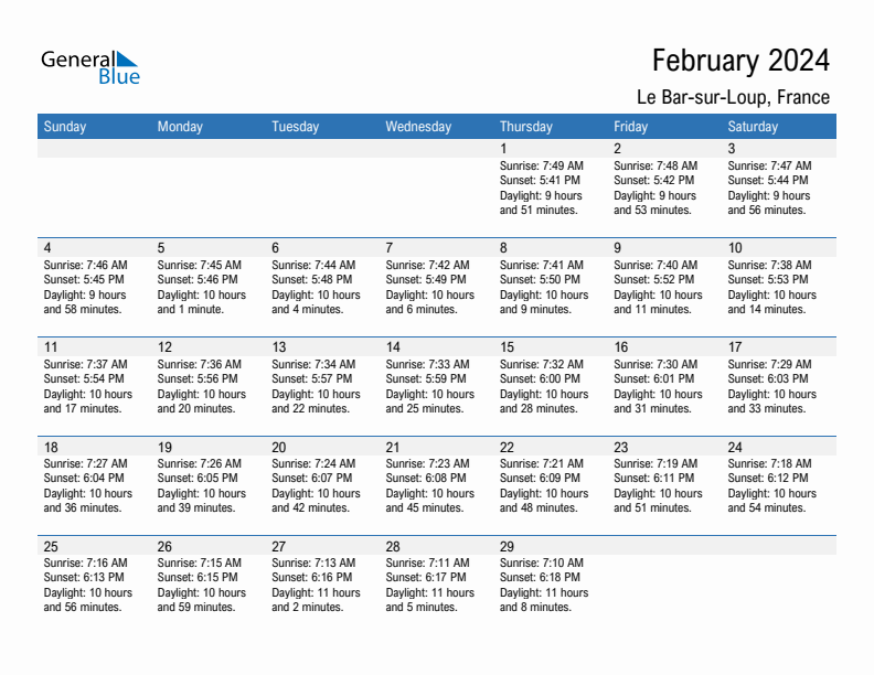 Le Bar-sur-Loup February 2024 sunrise and sunset calendar in PDF, Excel, and Word