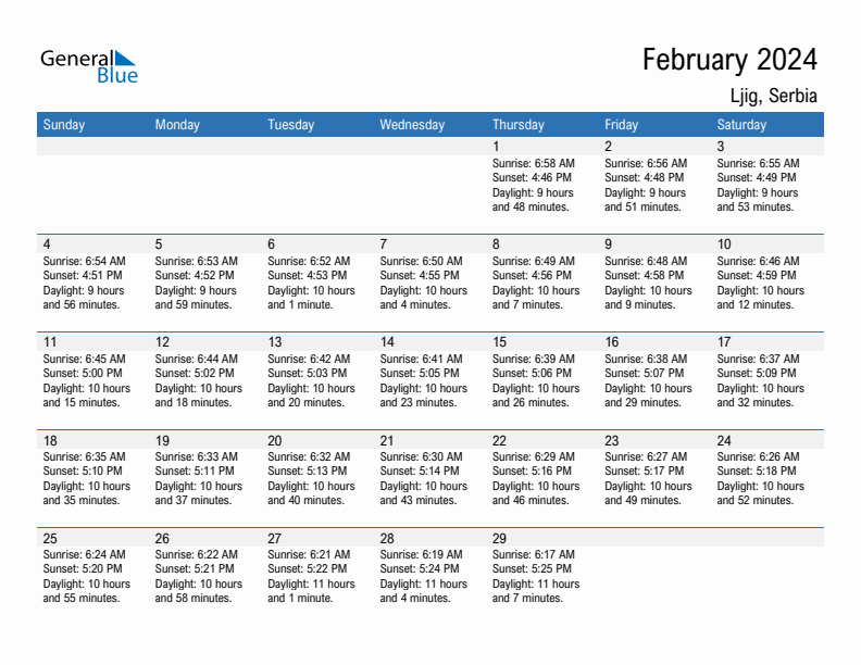 Ljig February 2024 sunrise and sunset calendar in PDF, Excel, and Word