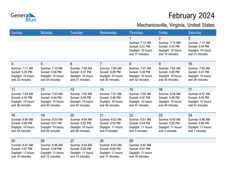 Mechanicsville February 2024 sunrise and sunset calendar in PDF, Excel, and Word