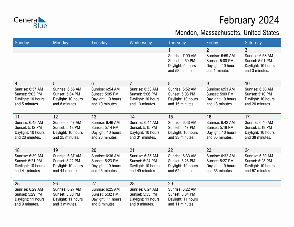 February 2024 Sunrise and Sunset Calendar for Mendon (PDF, Excel, Word)