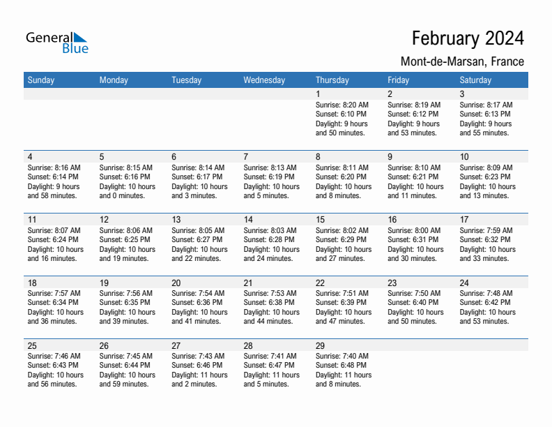 Mont-de-Marsan February 2024 sunrise and sunset calendar in PDF, Excel, and Word