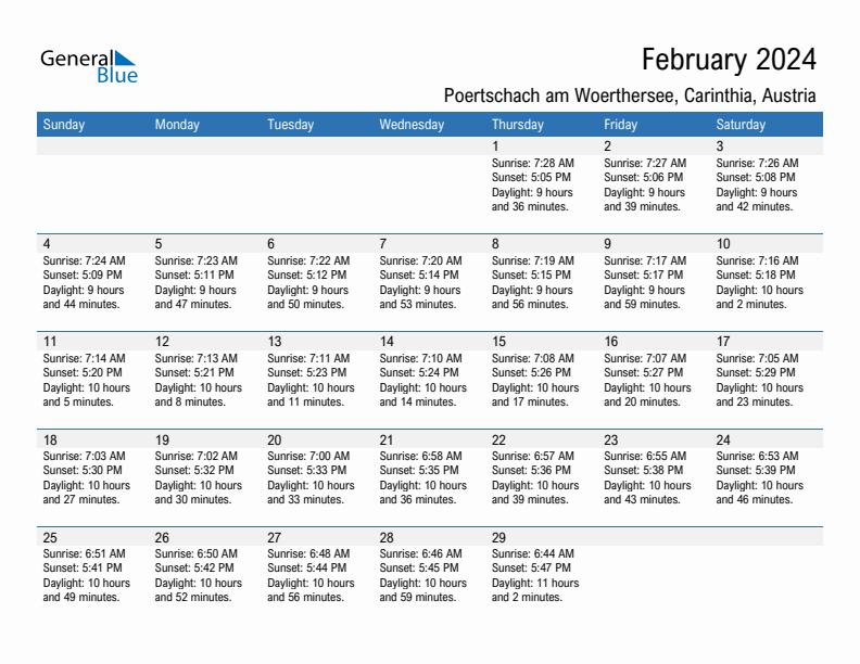 Poertschach am Woerthersee February 2024 sunrise and sunset calendar in PDF, Excel, and Word