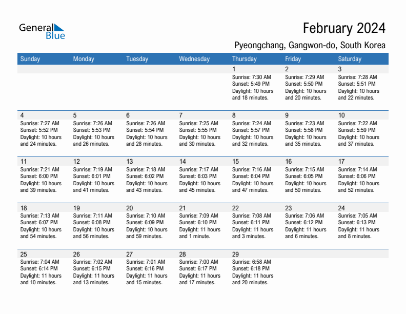 Pyeongchang February 2024 sunrise and sunset calendar in PDF, Excel, and Word
