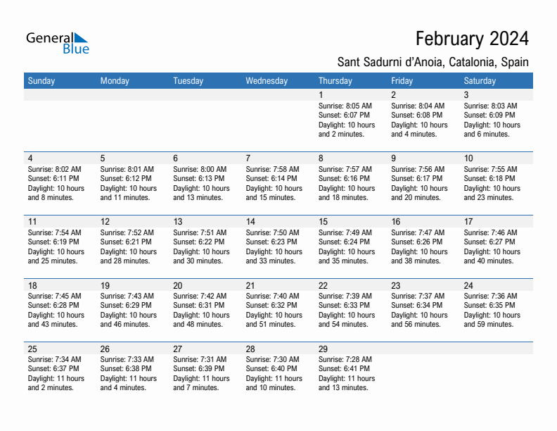 Sant Sadurni d'Anoia February 2024 sunrise and sunset calendar in PDF, Excel, and Word