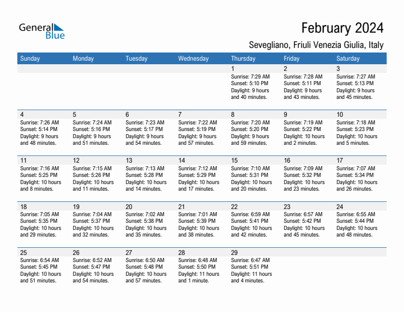 Sevegliano February 2024 sunrise and sunset calendar in PDF, Excel, and Word