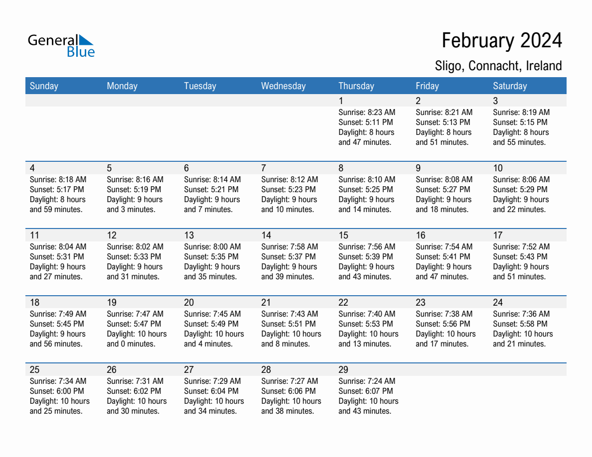 February 2024 Sunrise and Sunset Calendar for Sligo (PDF, Excel, Word)