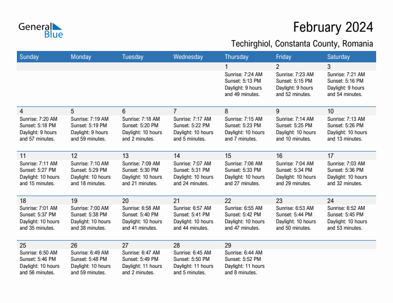 Techirghiol February 2024 sunrise and sunset calendar in PDF, Excel, and Word