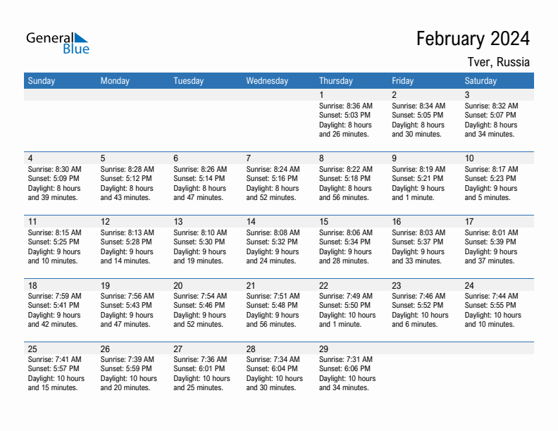 Tver February 2024 sunrise and sunset calendar in PDF, Excel, and Word