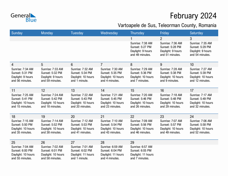 Vartoapele de Sus February 2024 sunrise and sunset calendar in PDF, Excel, and Word