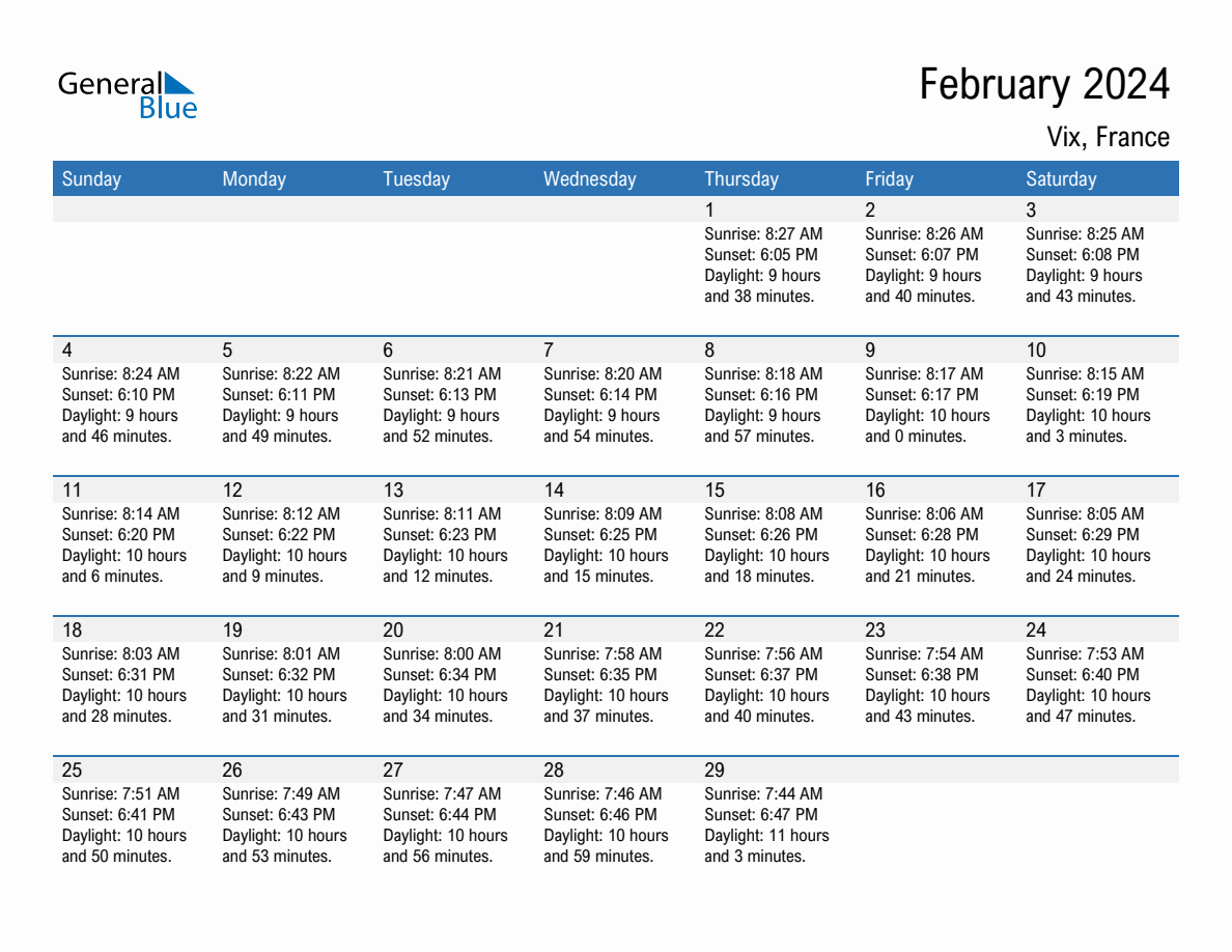 February 2024 Sunrise and Sunset Calendar for Vix (PDF, Excel, Word)