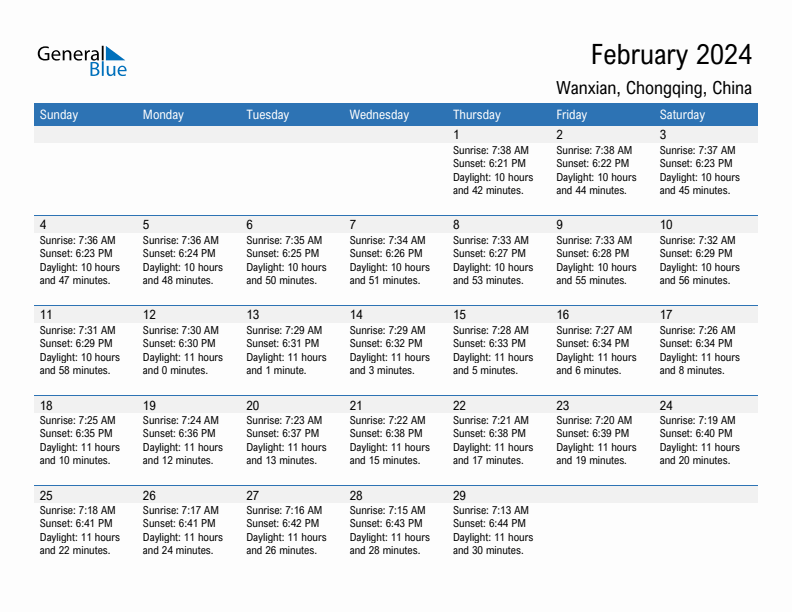 Wanxian February 2024 sunrise and sunset calendar in PDF, Excel, and Word