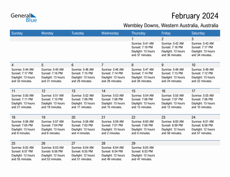 Wembley Downs February 2024 sunrise and sunset calendar in PDF, Excel, and Word