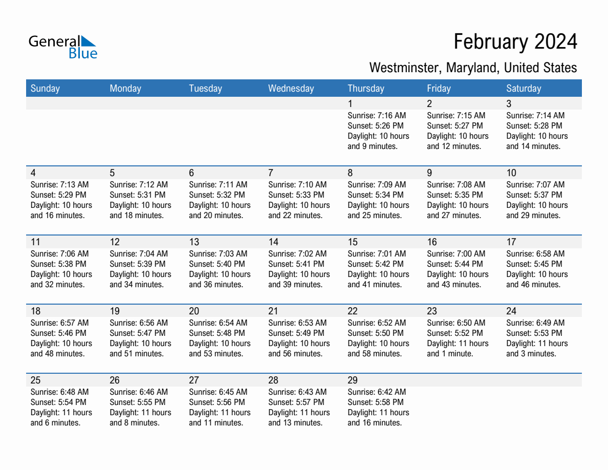 February 2024 Sunrise and Sunset Calendar for Westminster (PDF, Excel