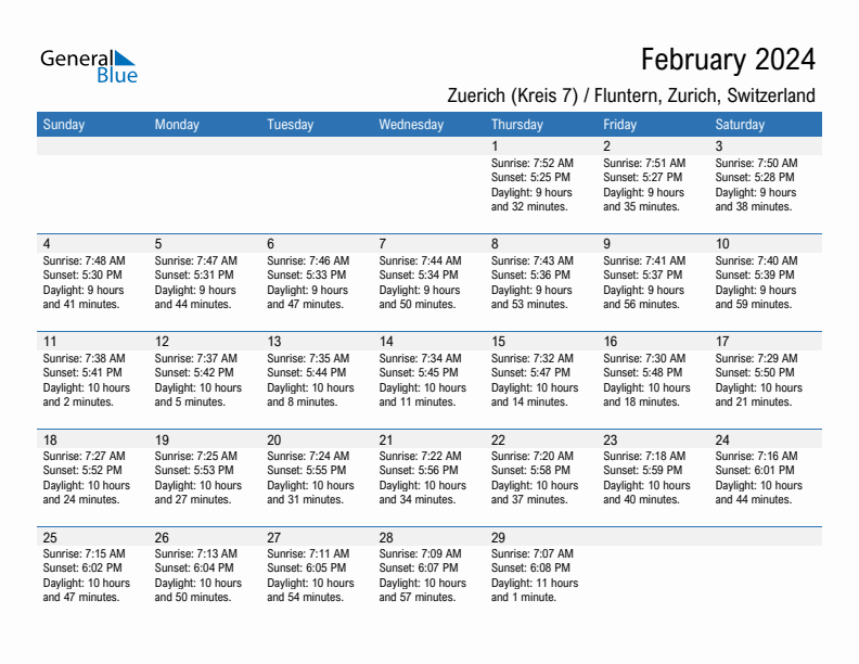 Zuerich (Kreis 7) / Fluntern February 2024 sunrise and sunset calendar in PDF, Excel, and Word