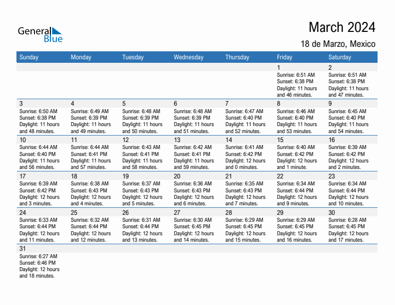 18 de Marzo March 2024 sunrise and sunset calendar in PDF, Excel, and Word