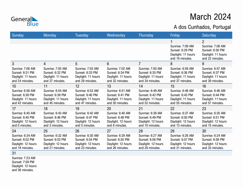 A dos Cunhados March 2024 sunrise and sunset calendar in PDF, Excel, and Word