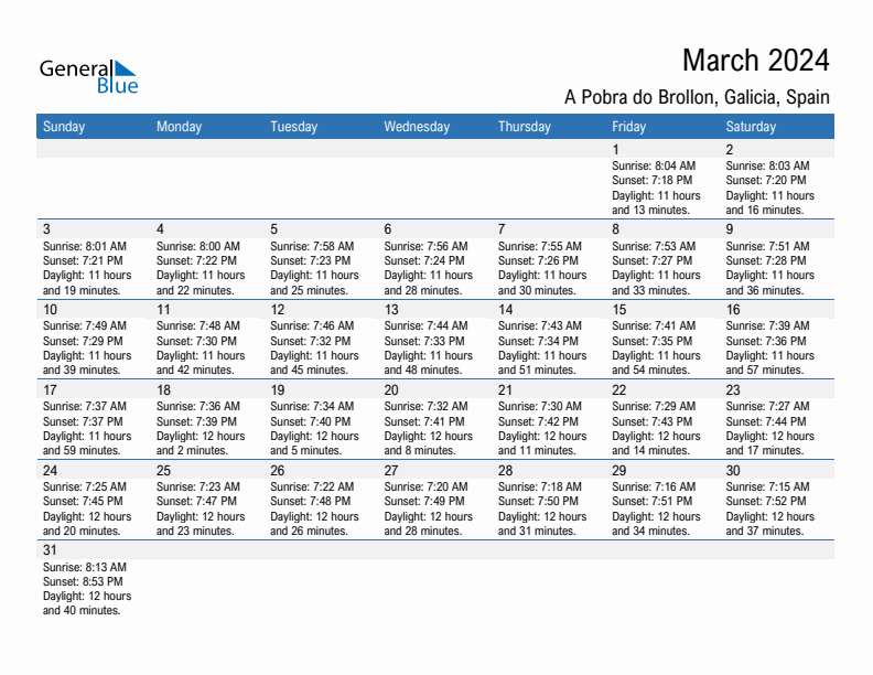 A Pobra do Brollon March 2024 sunrise and sunset calendar in PDF, Excel, and Word