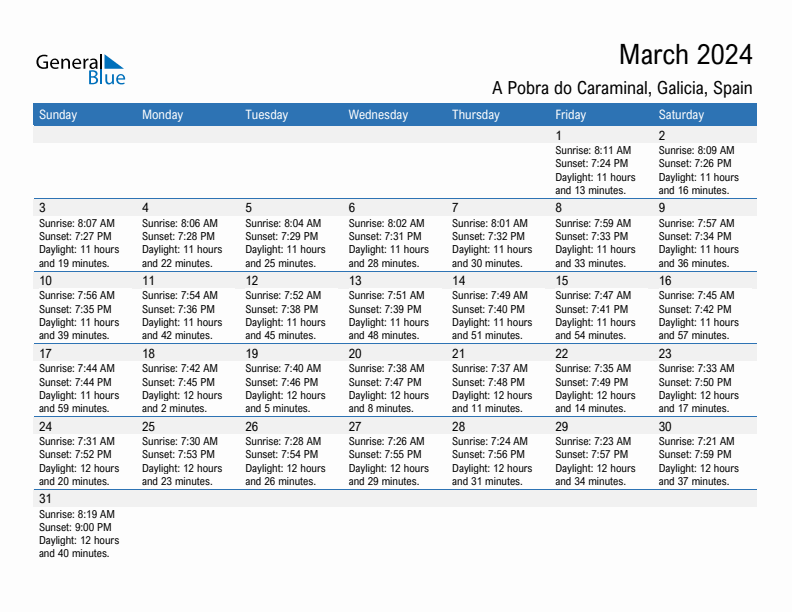 A Pobra do Caraminal March 2024 sunrise and sunset calendar in PDF, Excel, and Word